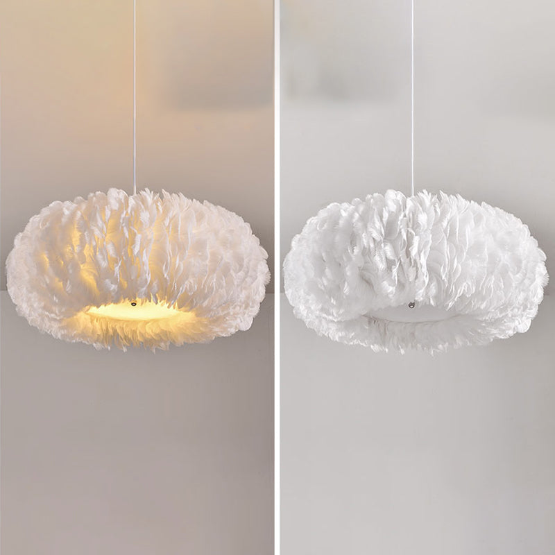 Circle Feather Chandelier Pendant Light Minimal Hanging Light Fixture for Bedroom