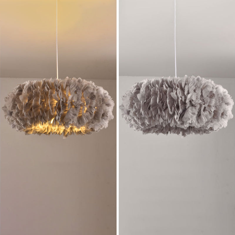 Circle Feather Chandelier Pendant Light Minimal Hanging Light Fixture for Bedroom