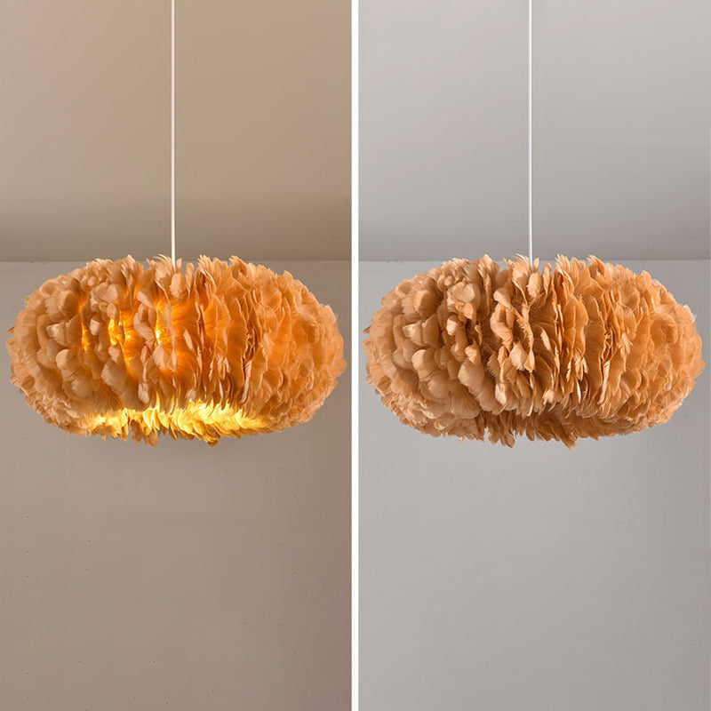 Circle Feather Chandelier Pendant Light Minimal Hanging Light Fixture for Bedroom
