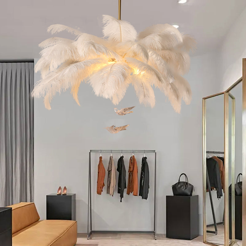 Shaded Ceiling Chandelier Simplistic Feather White Chandelier Light Fixture for Living Room