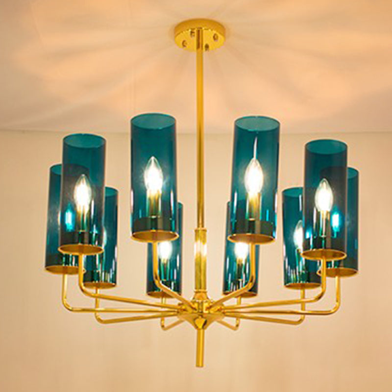Glass Cylinder Hanging Light Fixture Contemporary Style Ceiling Chandelier in Blue