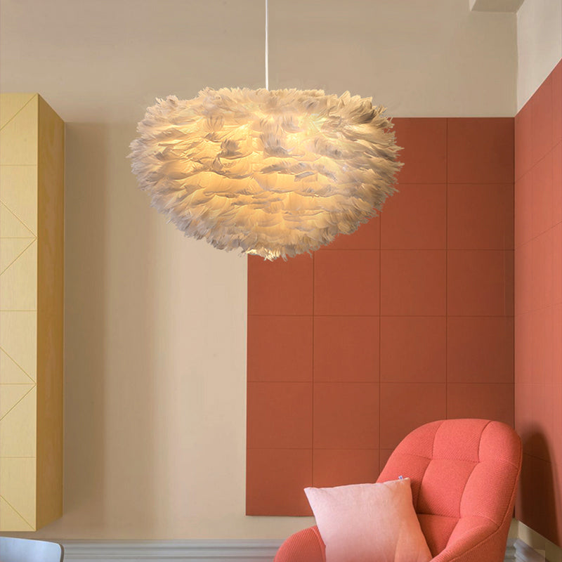 Shaded Hanging Ceiling Light Minimalism Feather Bedroom Chandelier Pendant Light in White