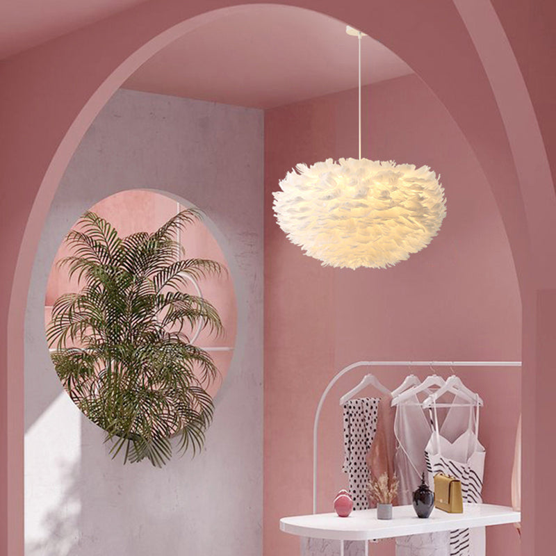 Shaded Hanging Ceiling Light Minimalism Feather Bedroom Chandelier Pendant Light in White