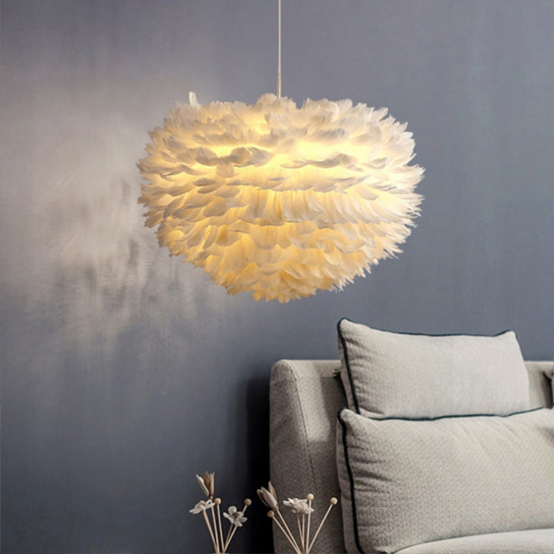 Shaded Hanging Ceiling Light Minimalism Feather Bedroom Chandelier Pendant Light in White
