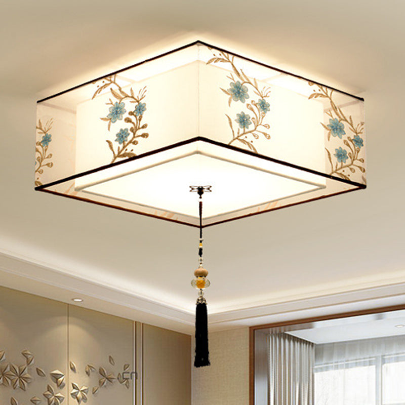 White Geometric Flush Mount in Traditional Concise Style Wrought Iron Ceiling Light with Fabric Shade