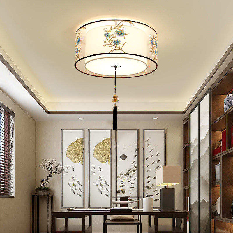 White Geometric Flush Mount in Traditional Concise Style Wrought Iron Ceiling Light with Fabric Shade