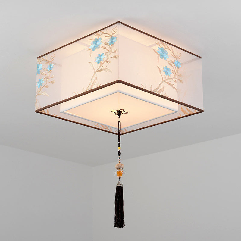 White Geometric Flush Mount in Traditional Concise Style Wrought Iron Ceiling Light with Fabric Shade
