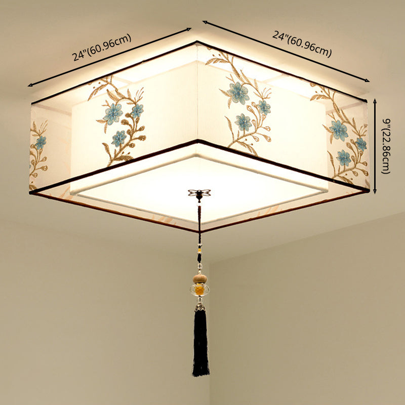 White Geometric Flush Mount in Traditional Concise Style Wrought Iron Ceiling Light with Fabric Shade