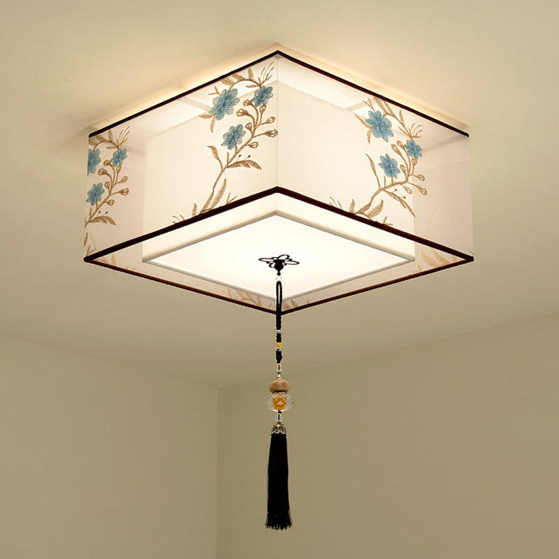White Geometric Flush Mount in Traditional Concise Style Wrought Iron Ceiling Light with Fabric Shade
