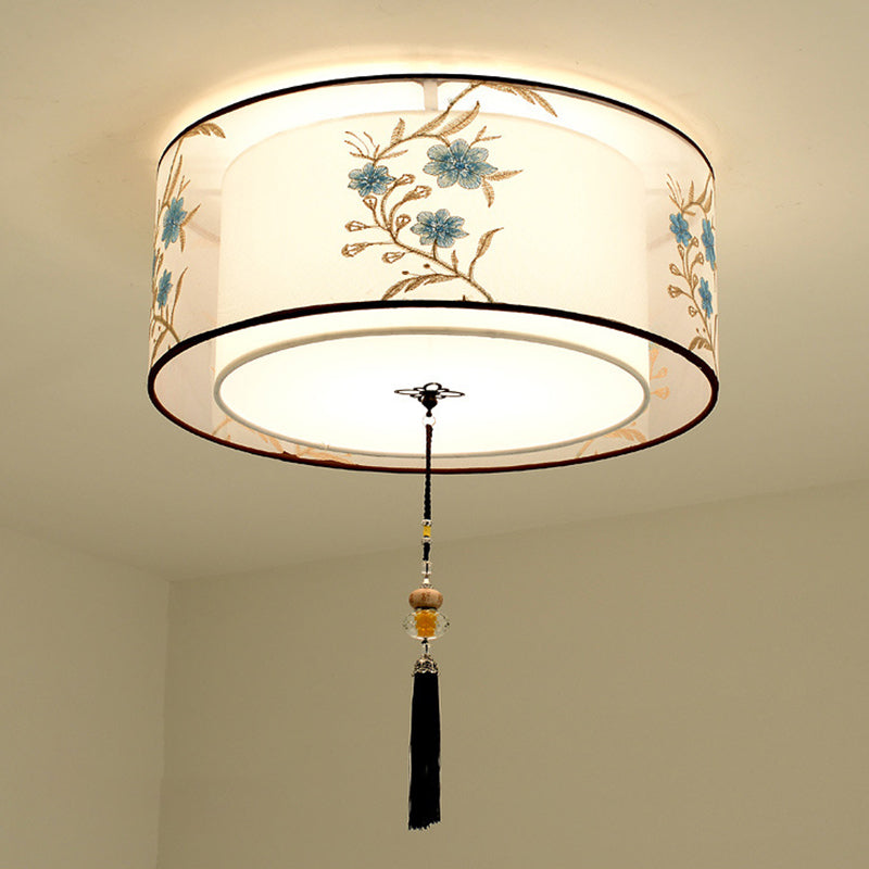 White Geometric Flush Mount in Traditional Concise Style Wrought Iron Ceiling Light with Fabric Shade