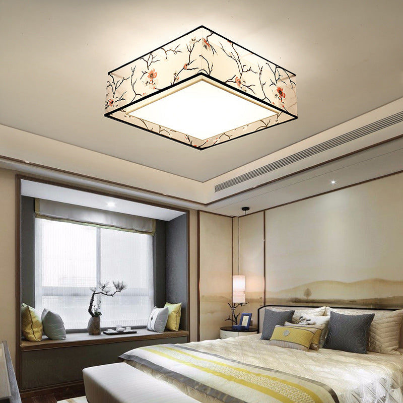 Acrylic Geometric Ceiling Light in Traditional Classic Style Wrought Iron Flush Mount with Flax Fabric Shade