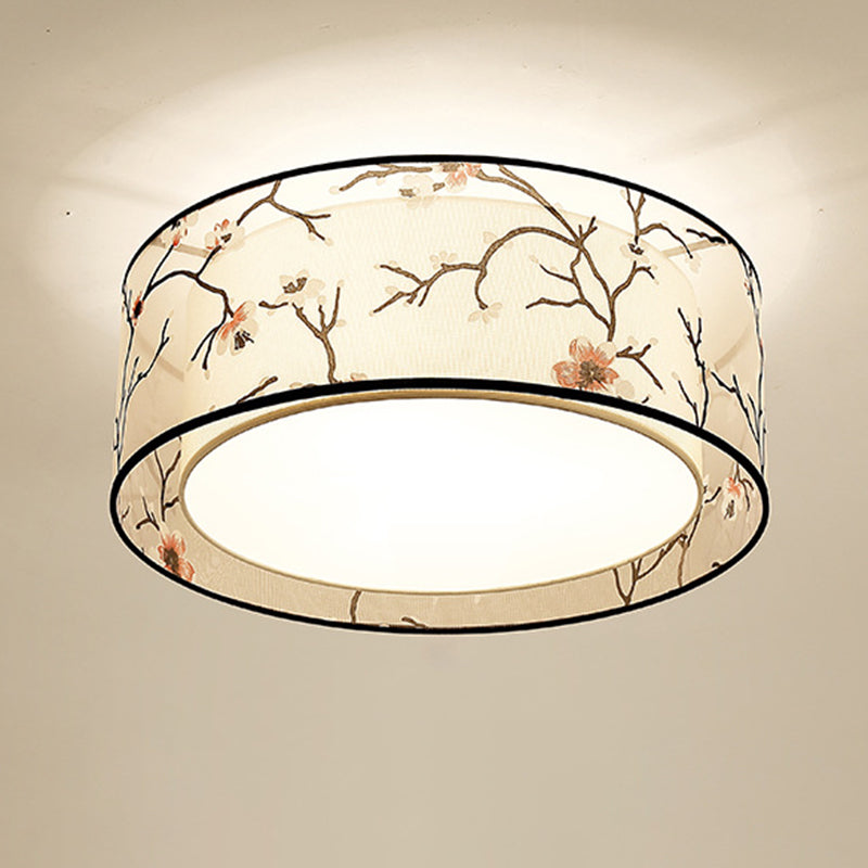 Acrylic Geometric Ceiling Light in Traditional Classic Style Wrought Iron Flush Mount with Flax Fabric Shade