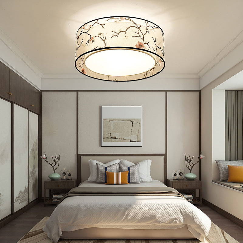 Acrylic Geometric Ceiling Light in Traditional Classic Style Wrought Iron Flush Mount with Flax Fabric Shade