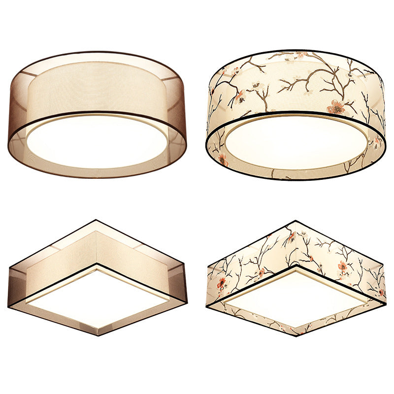 Acrylic Geometric Ceiling Light in Traditional Classic Style Wrought Iron Flush Mount with Flax Fabric Shade