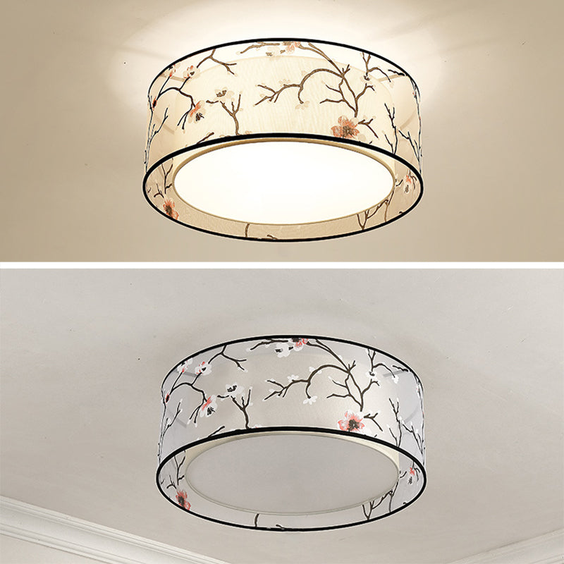 Acrylic Geometric Ceiling Light in Traditional Classic Style Wrought Iron Flush Mount with Flax Fabric Shade