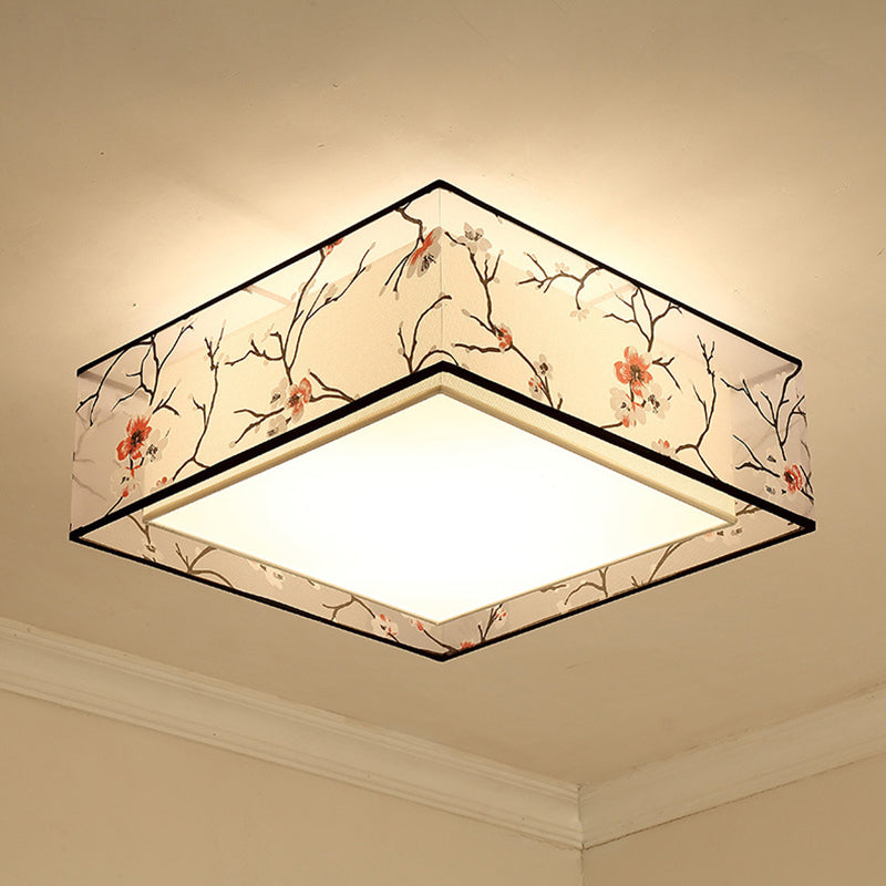Plafonnier en fer forgé de style classique traditionnel, montage encastré géométrique d'intérieur avec abat-jour en tissu de lin