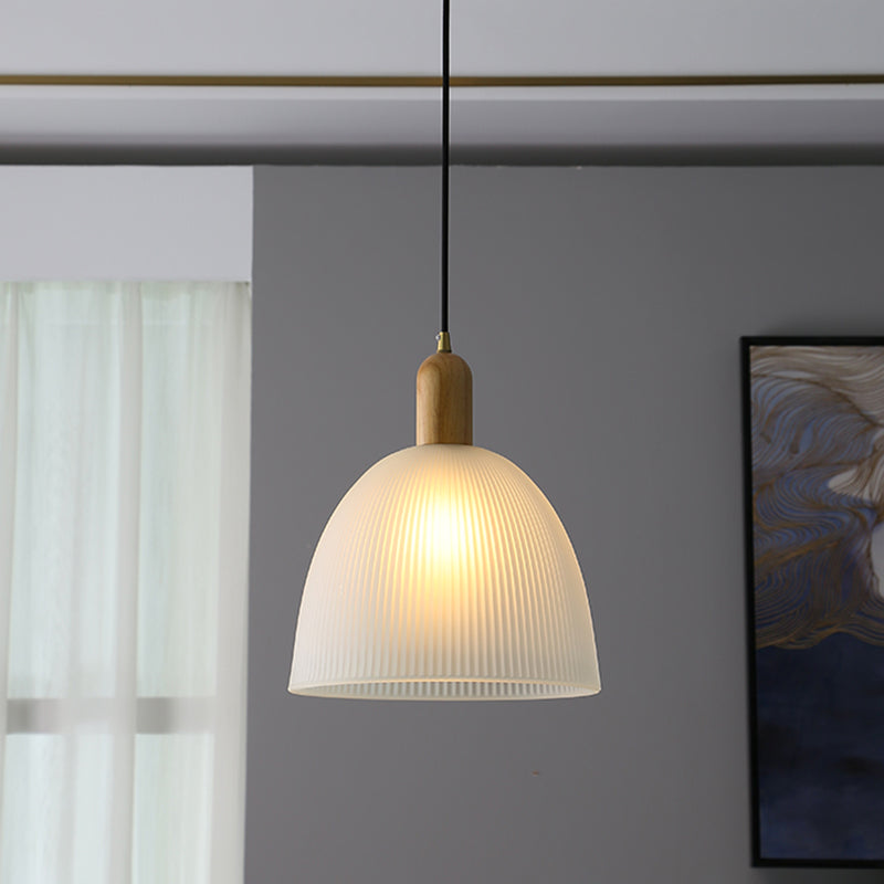 Wood Bell Shaped Pendant Lamp Nordic Ribbed Frosted Glass Suspension Light for Restaurant