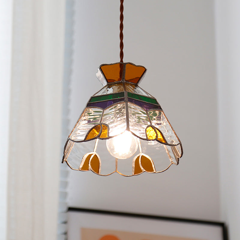 1-Light Bell Hanging Lamp Tiffany Coffee Finish Stained Glass Pendant for Dining Room