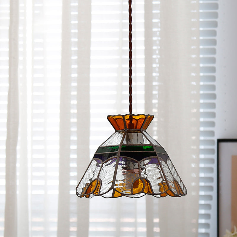 1-Light Bell Hanging Lamp Tiffany Coffee Finish Stained Glass Pendant for Dining Room