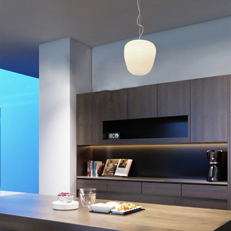 Cocoon Shaped Restaurant Pendant Lighting White Rib Glass 1-Bulb Simple Hanging Light