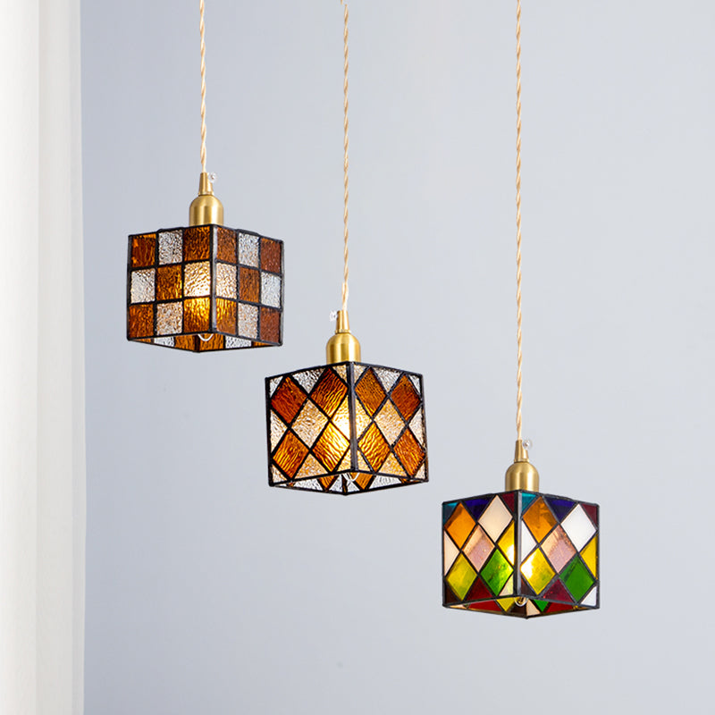 Buntglas quadratischer Anhänger Lampe Tiffany Style 1 Kopf Messing Hängende Leuchte