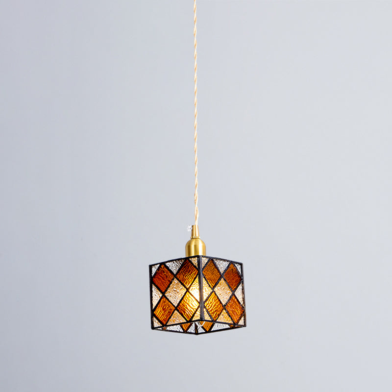 Buntglas quadratischer Anhänger Lampe Tiffany Style 1 Kopf Messing Hängende Leuchte