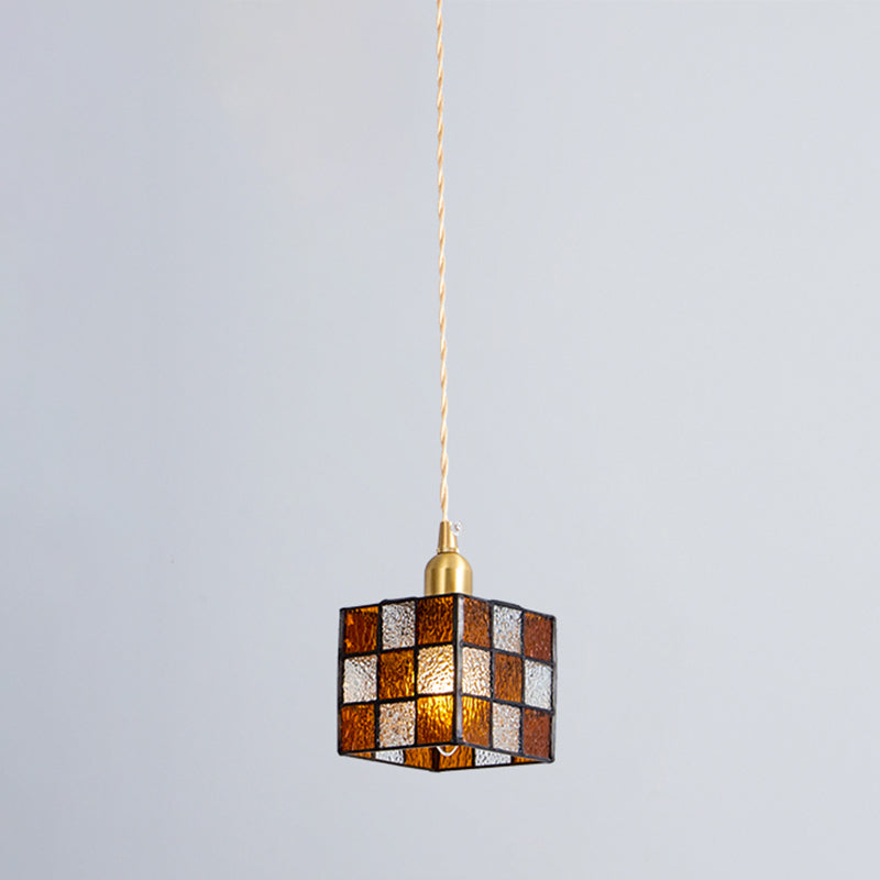 Buntglas quadratischer Anhänger Lampe Tiffany Style 1 Kopf Messing Hängende Leuchte