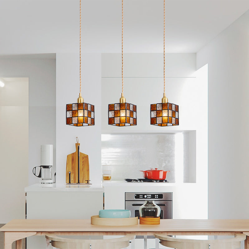 Buntglas quadratischer Anhänger Lampe Tiffany Style 1 Kopf Messing Hängende Leuchte