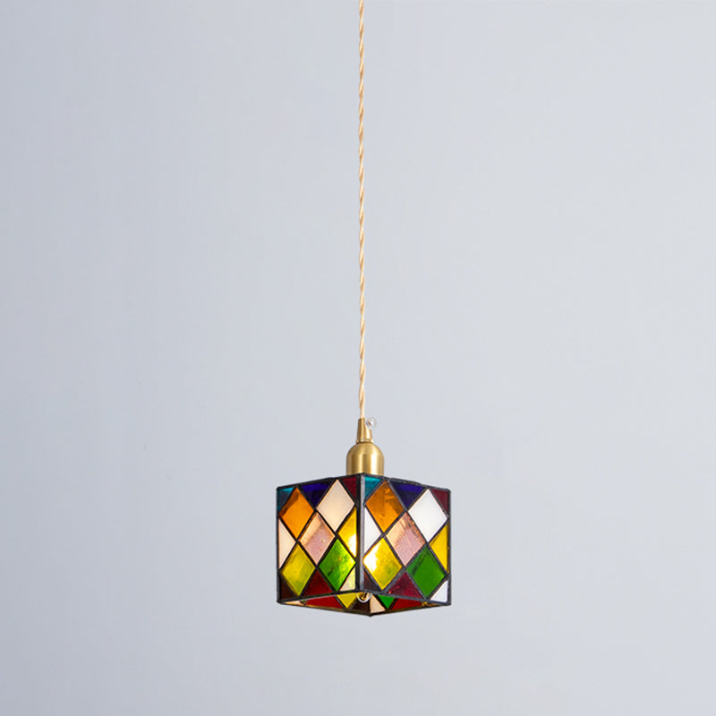 Buntglas quadratischer Anhänger Lampe Tiffany Style 1 Kopf Messing Hängende Leuchte