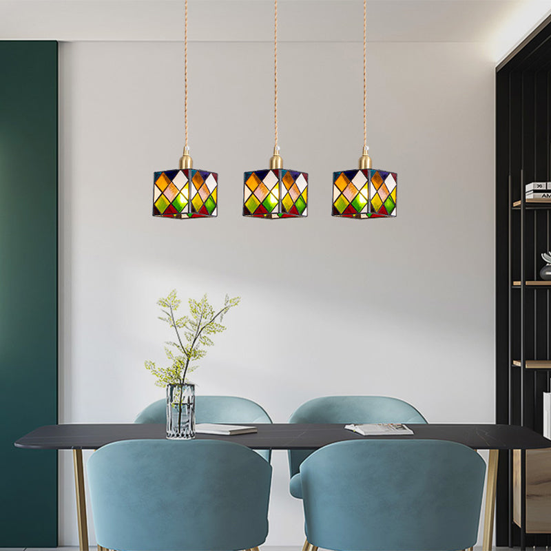 Buntglas quadratischer Anhänger Lampe Tiffany Style 1 Kopf Messing Hängende Leuchte