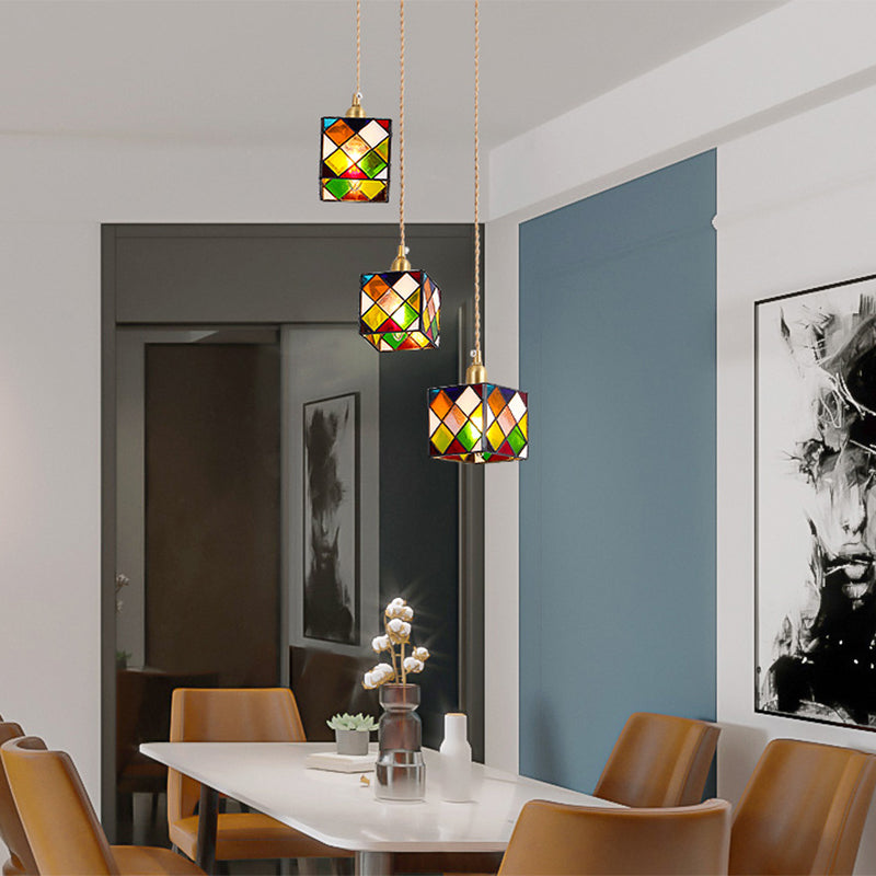 Buntglas quadratischer Anhänger Lampe Tiffany Style 1 Kopf Messing Hängende Leuchte