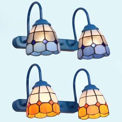 Dome Wall Light Fixture 2 Heads Blue/Yellow Glass Tiffany Vanity Sconce Light for Bathroom