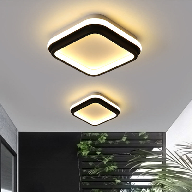 LED Foyer Flush Mount Ceiling Light Simple Style Black Flush Lamp with Square/Round Metal Shade in White/Warm/3 Color Light
