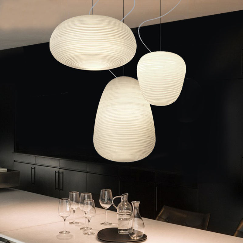 Cocoon Shaped Restaurant Pendant Lighting White Rib Glass 1-Bulb Simple Hanging Light