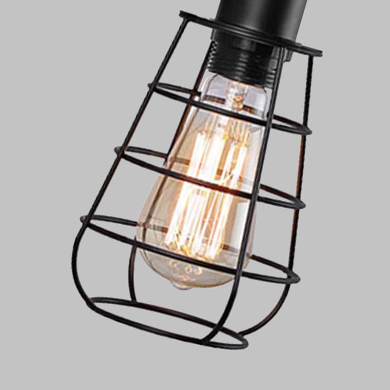 Warehouse Caged Wall Lighting Fixture 1/2 Bulbs Metallic Plug-in Pendant Light Black for Restaurant