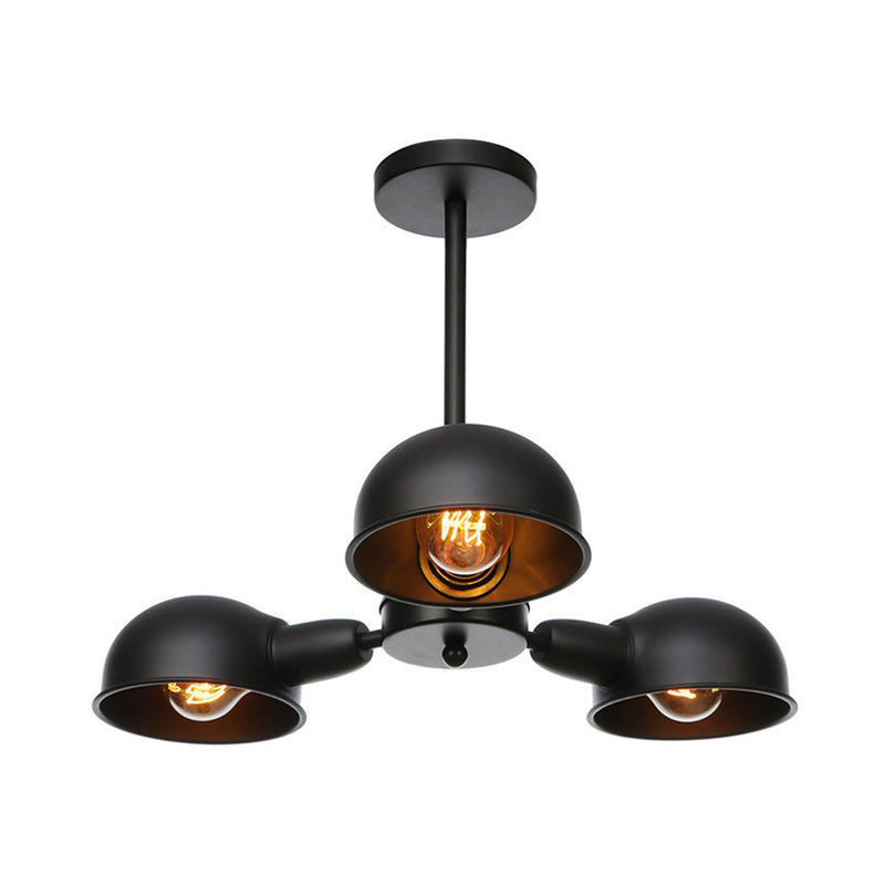 Plafonnier semi-encastré industriel à 3 lumières en métal pour salon, noir/laiton/chrome, dôme