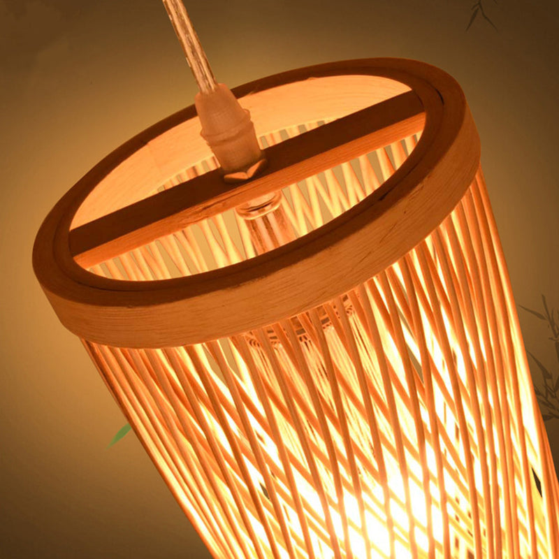 Curved Pendant Lighting Asia Bamboo 1 Light Beige Hanging Light Fixture for Dining Room