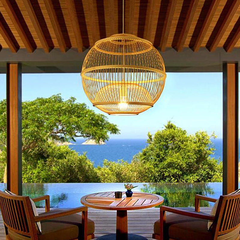 Globe Hanging Ceiling Light Modern Bamboo 1 Light Beige Suspension Pendant