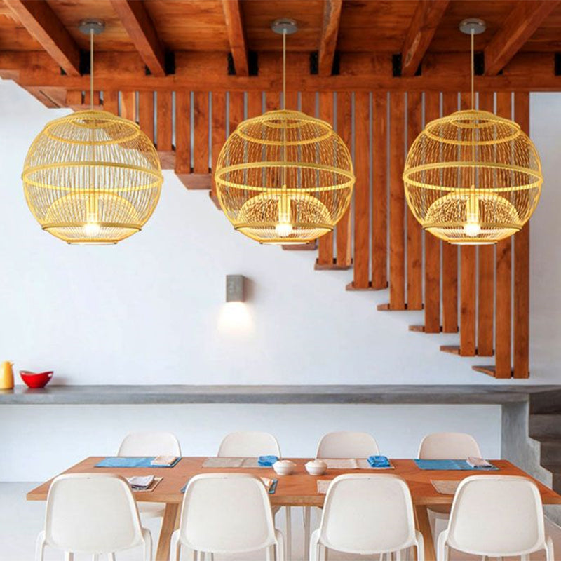 Globe Hanging Ceiling Light Modern Bamboo 1 Light Beige Suspension Pendant