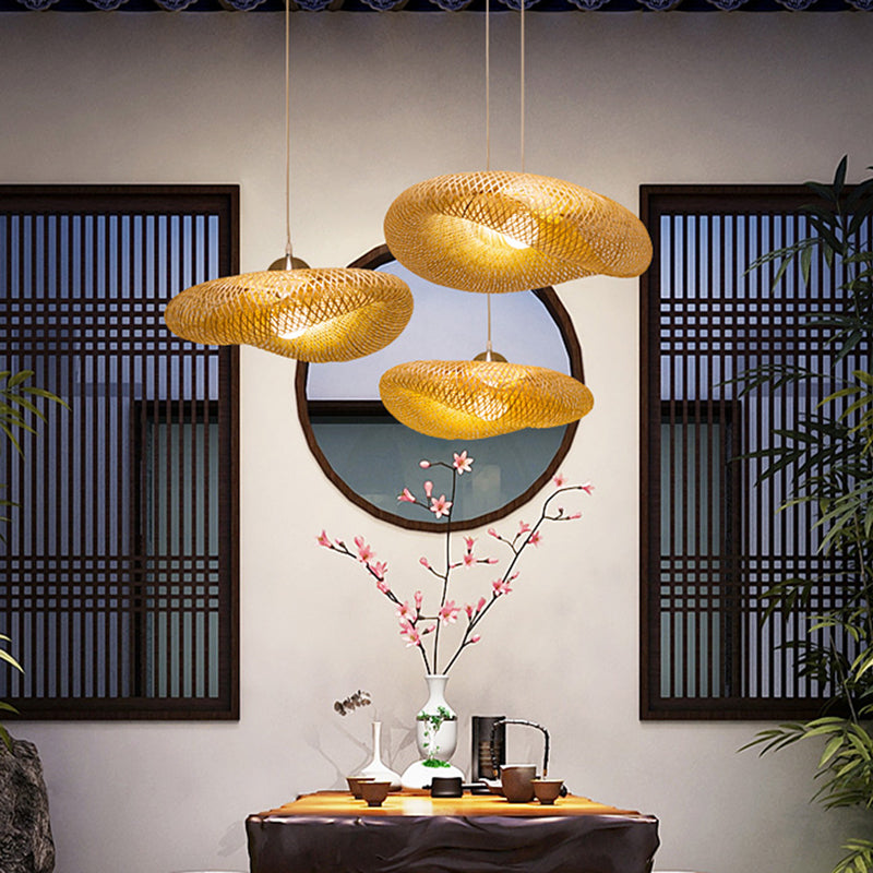 16"/19.5"/23.5" W Twist Pendant Lighting Contemporary Bamboo 1 Light Living Room Hanging Lamp in Beige