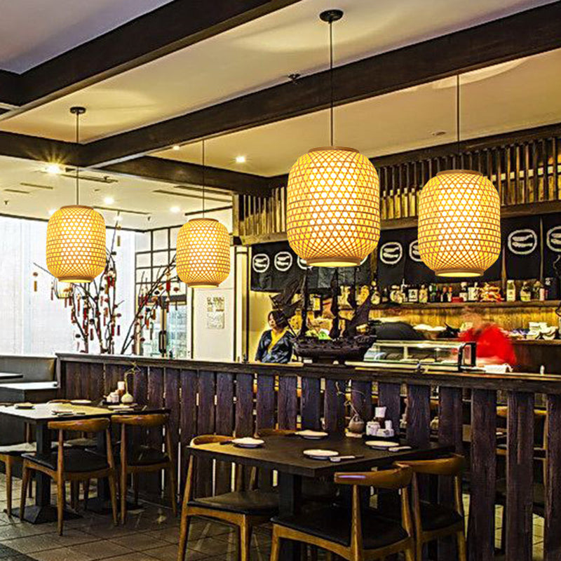 16“/19.5” Height Asia Lantern Hanging Pendant Bamboo 1 Light Dining Room Ceiling Light in Beige