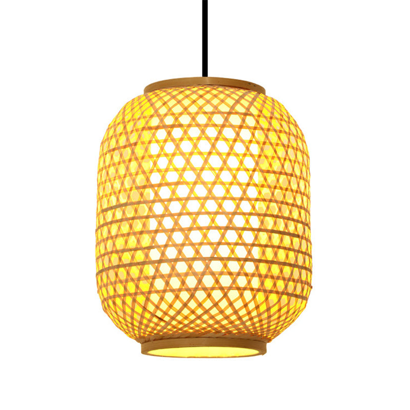 16“/19.5” Height Asia Lantern Hanging Pendant Bamboo 1 Light Dining Room Ceiling Light in Beige