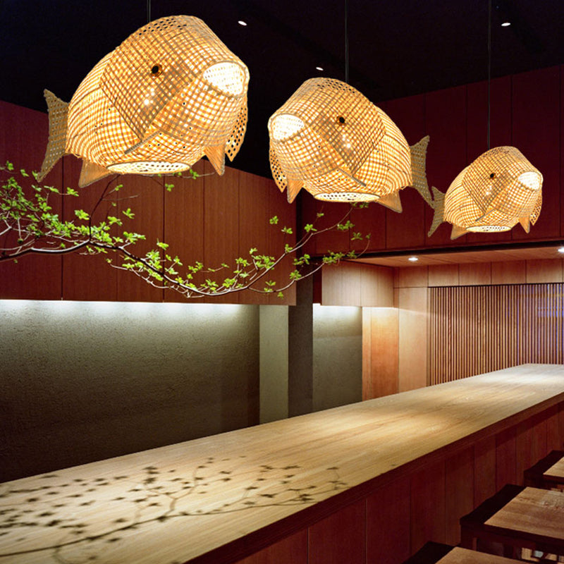Beige Fish Shaped Suspension Pendant Modern 1 Light Bamboo Ceiling Light for Restaurant
