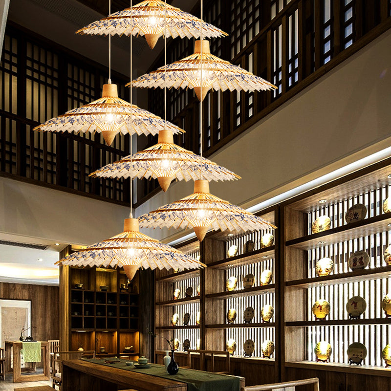19.5"/23.5"/27.5" W Asia Umbrella Shaped Bamboo Ceiling Light 1 Light Pendant Lighting in White/Blue