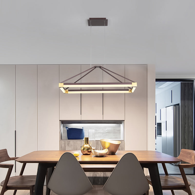 Metal Rectangle Chandelier Light Modernism White/Coffee 23.5"/31.5"/39" Wide LED Hanging Lamp Kit in Warm/White Light