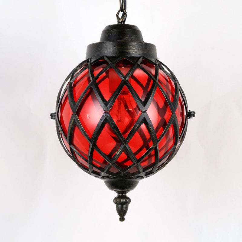 1 Light Restaurant Pendant Lighting Moroccan Black Ceiling Light with Globe Amber/Green/Purple Glass Shade