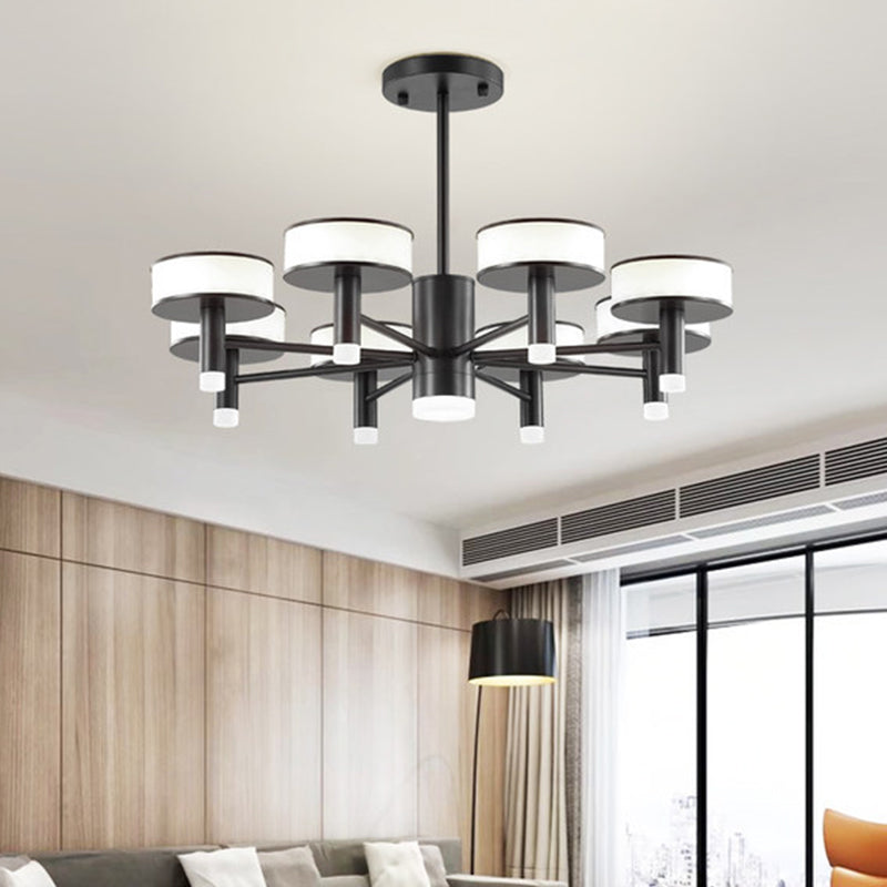 6/8 Lights Living Room LED Chandelier Modernist Black Hanging Lamp with Drum Acrylic Shade, 3 Color Light