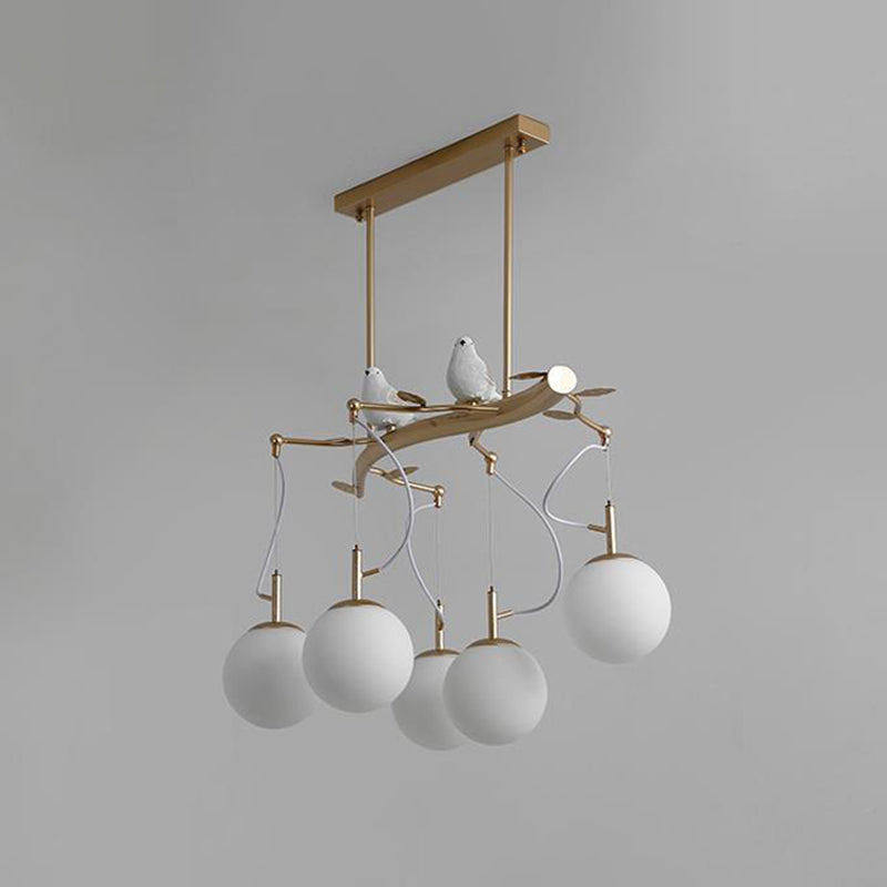 Milky Blown Glass Sphere Chandelier Pendant Postmodern 5 Heads Gold Finish Hanging Light Kit with Bird Deco