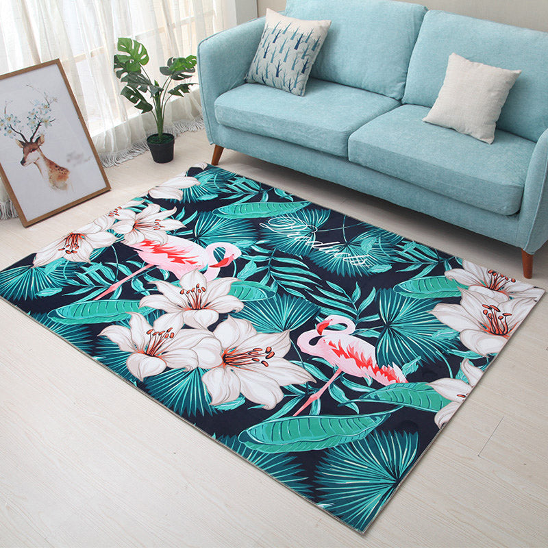Green Tone Tropical Indoor Rug Polyester Leaves Print Rug Non-Slip Backing Indoor Rug for Living Room