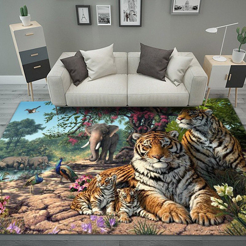 Orange Tone Modern Indoor Rug Polyester Tiger Print Carpet Anti-Slip Backing Rug for Home Decoration